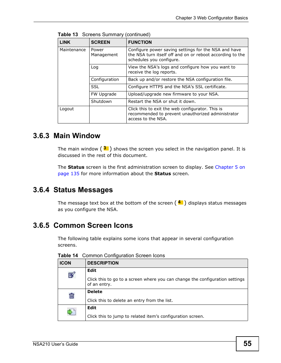 3 main window, 4 status messages, 5 common screen icons | ZyXEL Communications NSA210 User Manual | Page 55 / 482