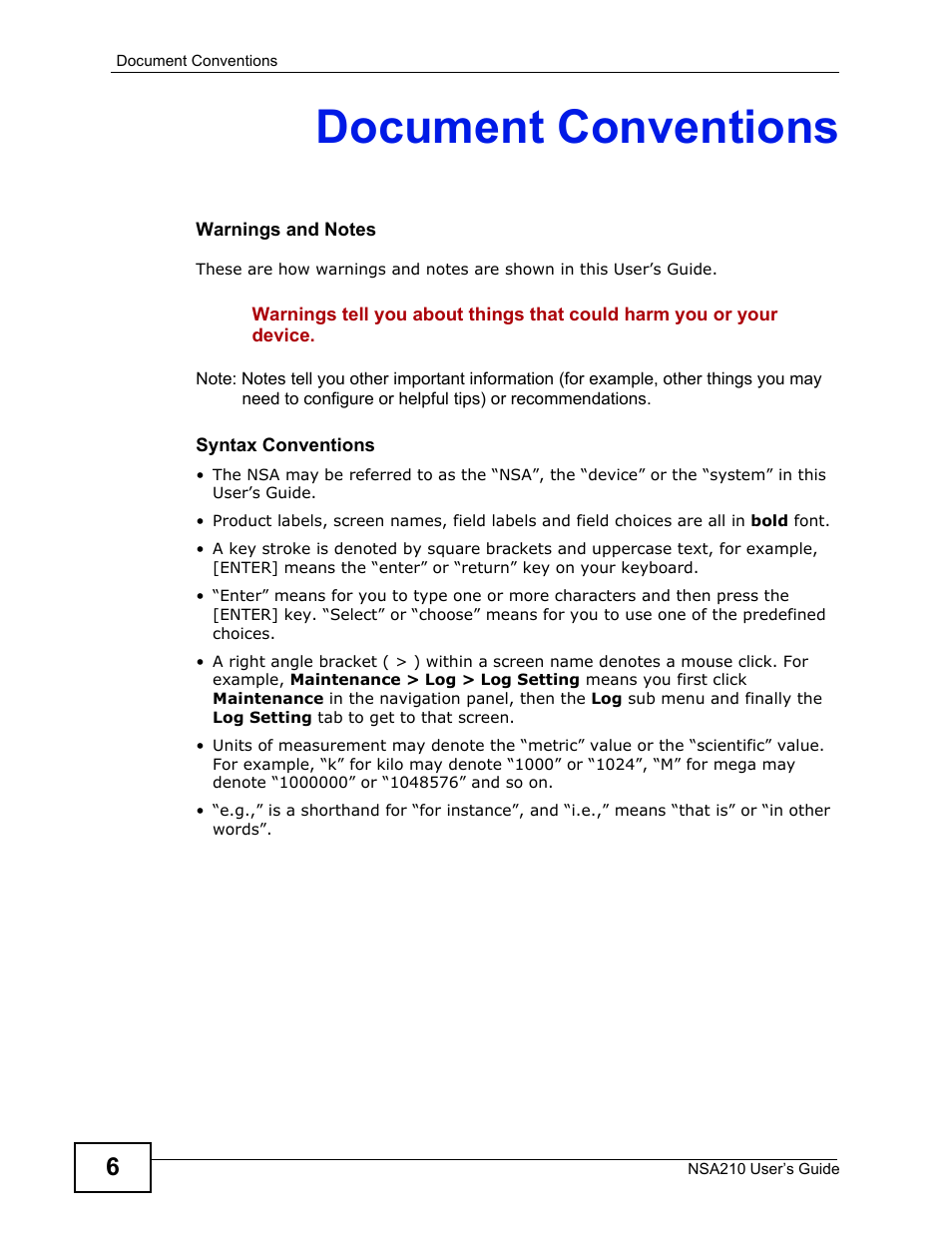 Document conventions | ZyXEL Communications NSA210 User Manual | Page 6 / 482