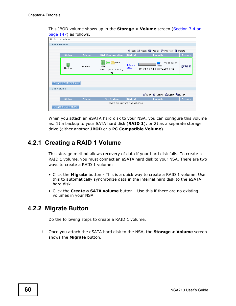 1 creating a raid 1 volume, 2 migrate button, 1 creating a raid 1 volume 4.2.2 migrate button | ZyXEL Communications NSA210 User Manual | Page 60 / 482