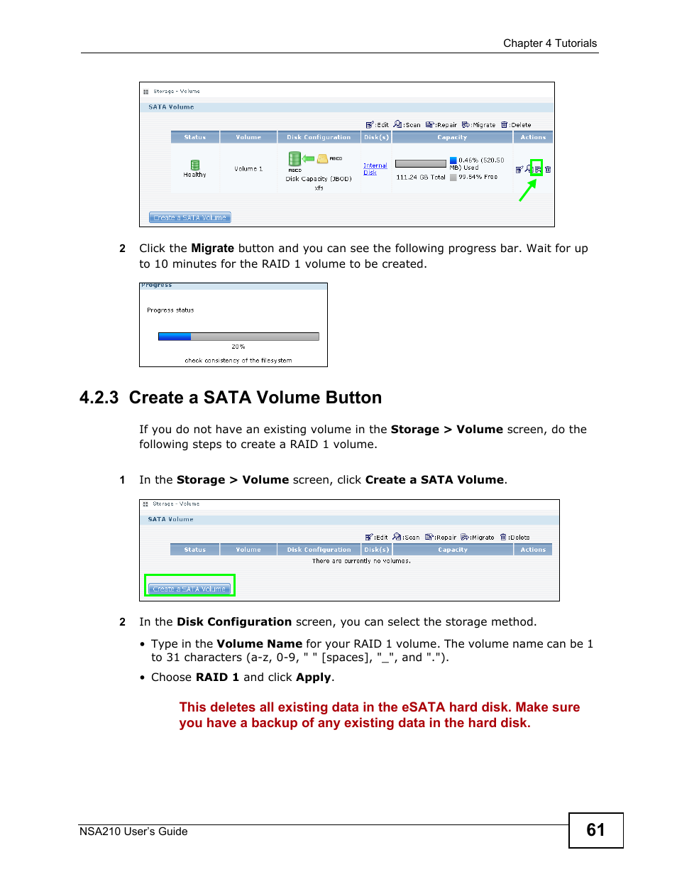3 create a sata volume button | ZyXEL Communications NSA210 User Manual | Page 61 / 482