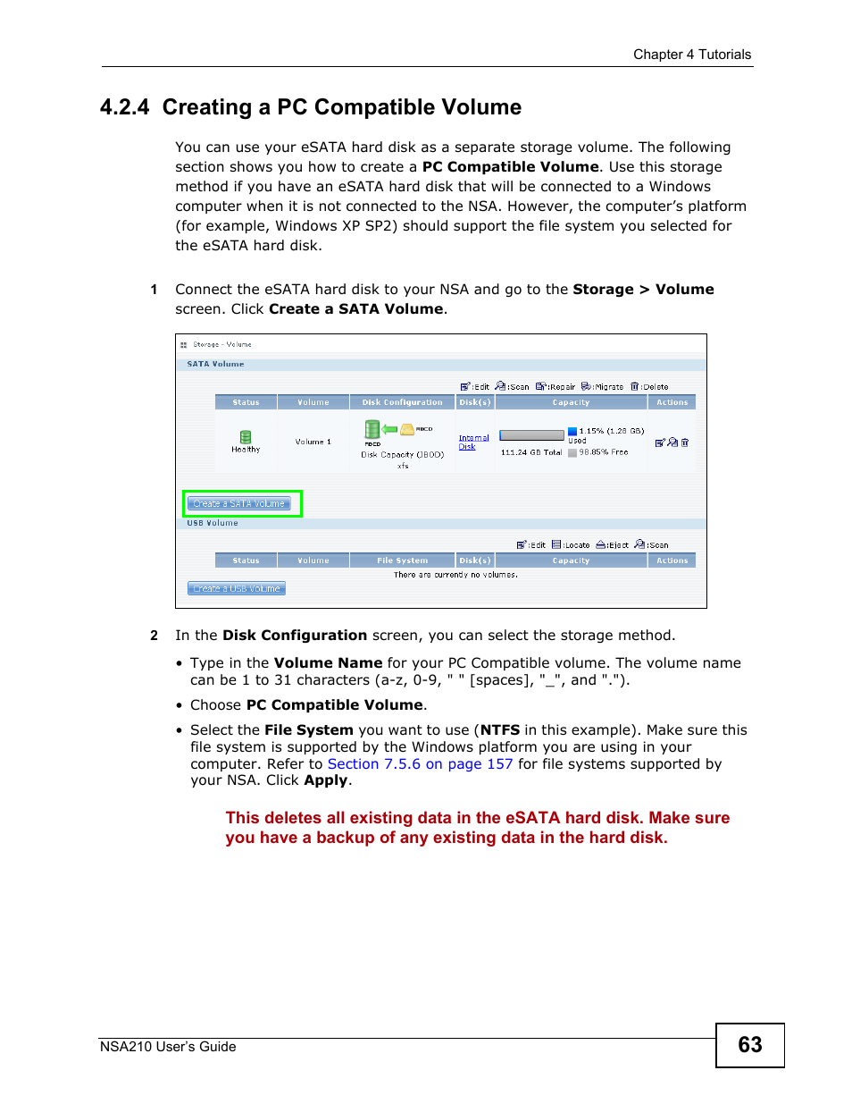 4 creating a pc compatible volume | ZyXEL Communications NSA210 User Manual | Page 63 / 482