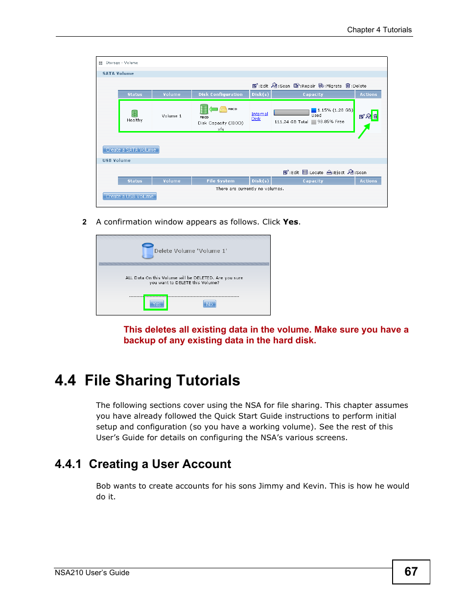 4 file sharing tutorials, 1 creating a user account, File sharing tutorials | ZyXEL Communications NSA210 User Manual | Page 67 / 482