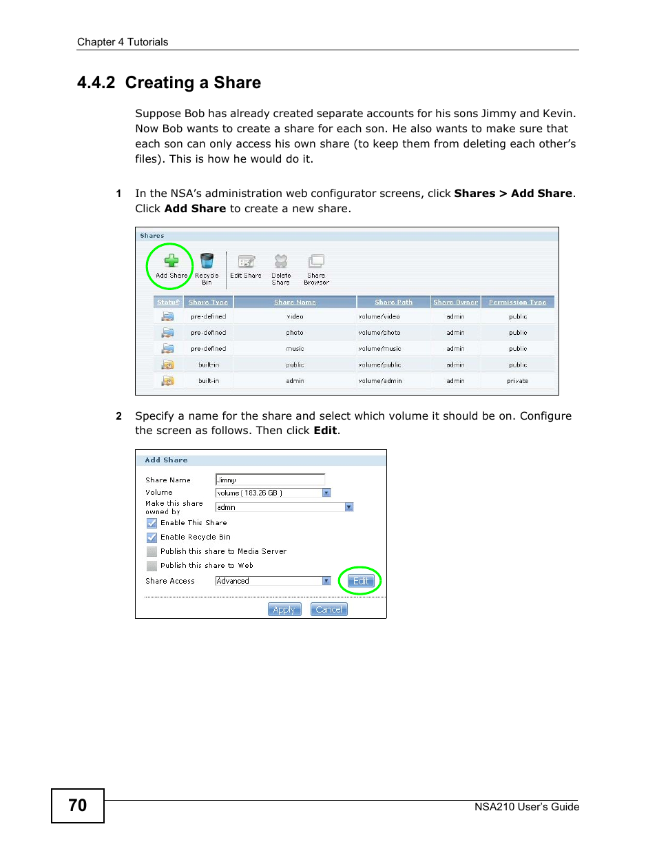 2 creating a share | ZyXEL Communications NSA210 User Manual | Page 70 / 482