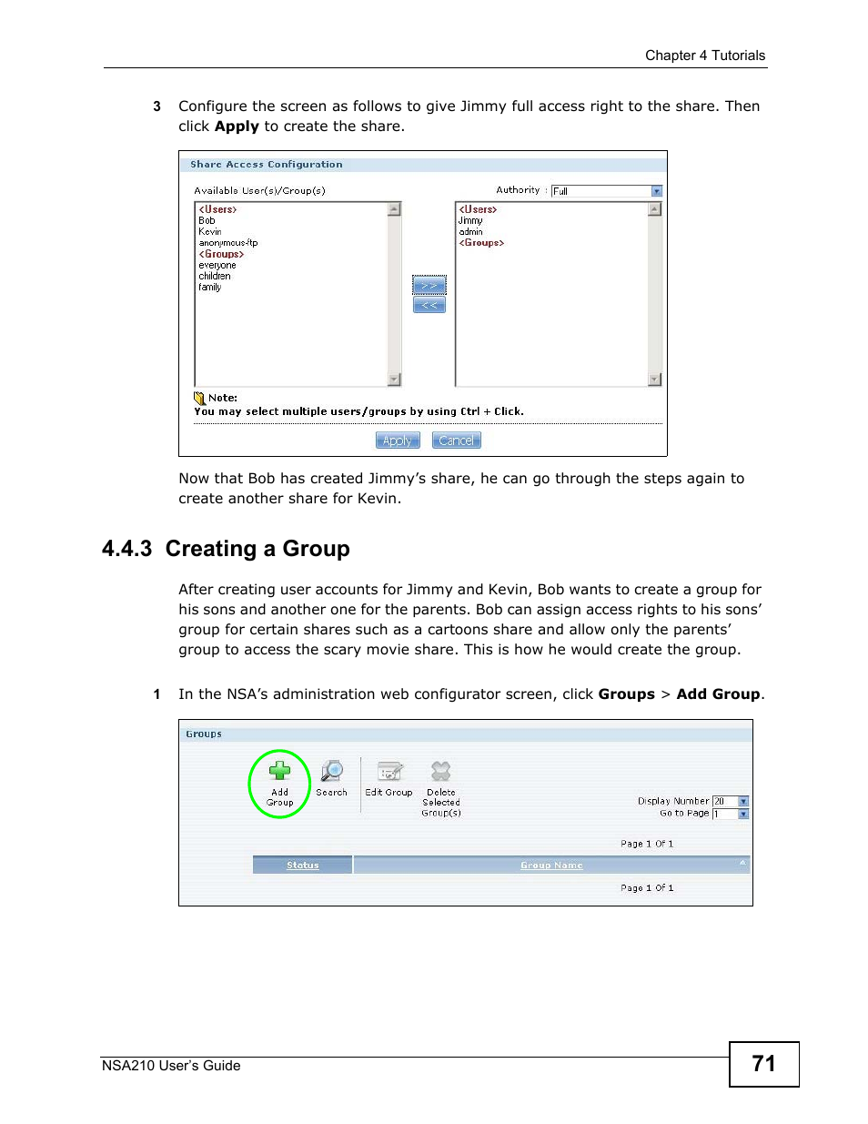 3 creating a group | ZyXEL Communications NSA210 User Manual | Page 71 / 482