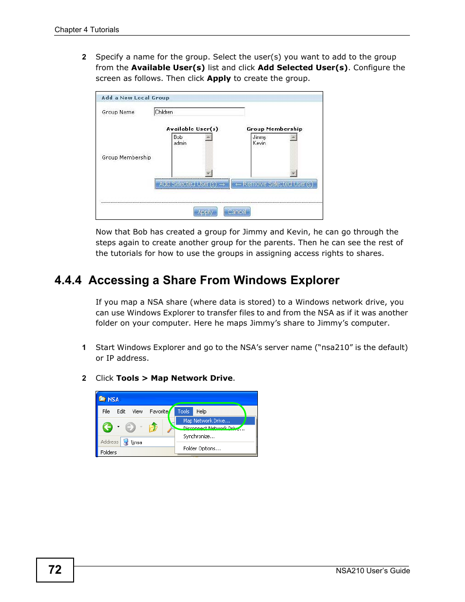 4 accessing a share from windows explorer | ZyXEL Communications NSA210 User Manual | Page 72 / 482