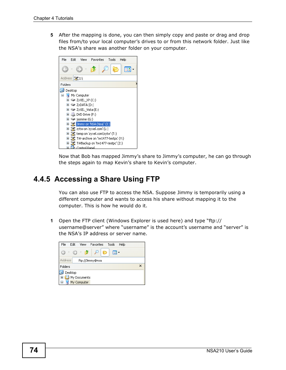 5 accessing a share using ftp | ZyXEL Communications NSA210 User Manual | Page 74 / 482