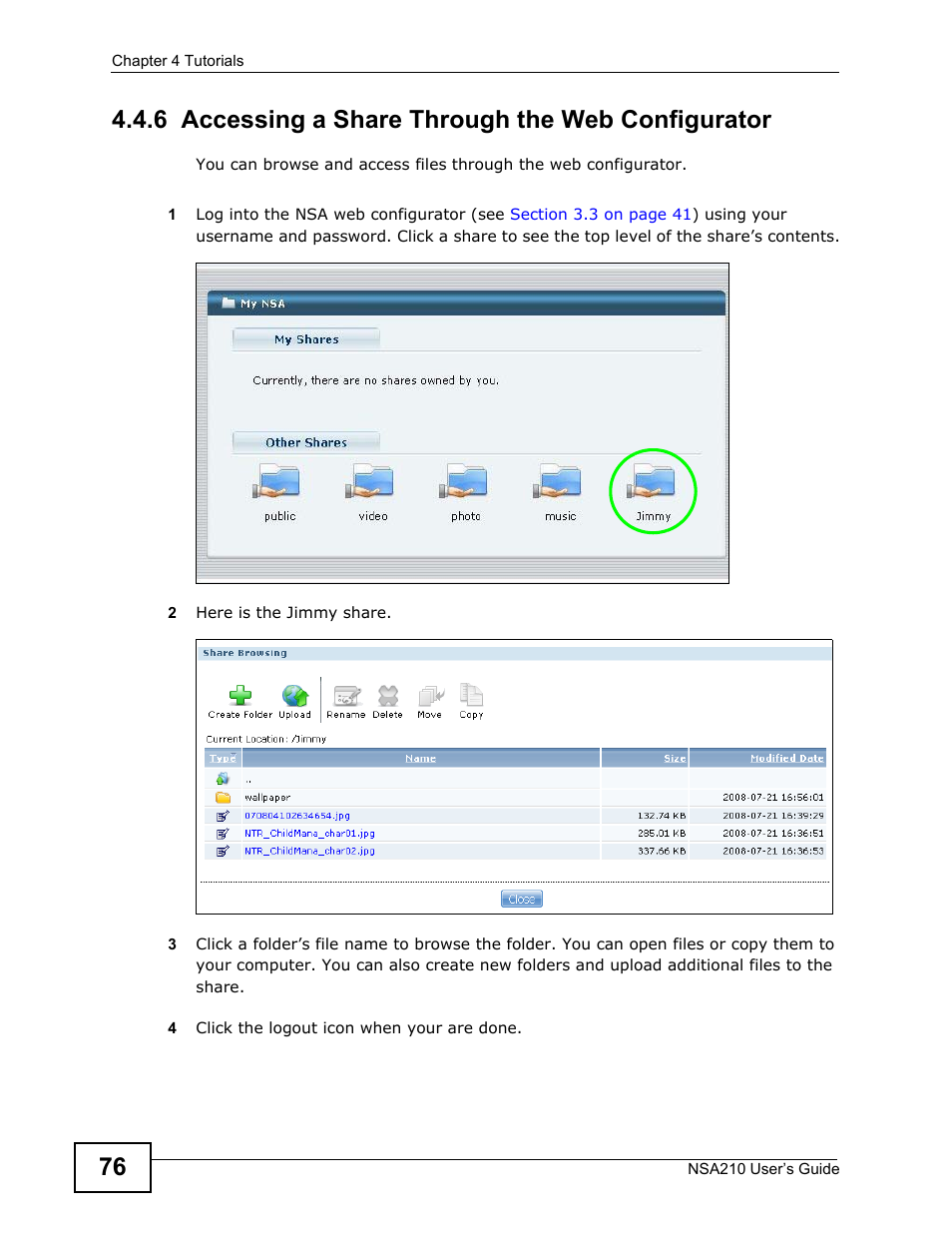 6 accessing a share through the web configurator | ZyXEL Communications NSA210 User Manual | Page 76 / 482