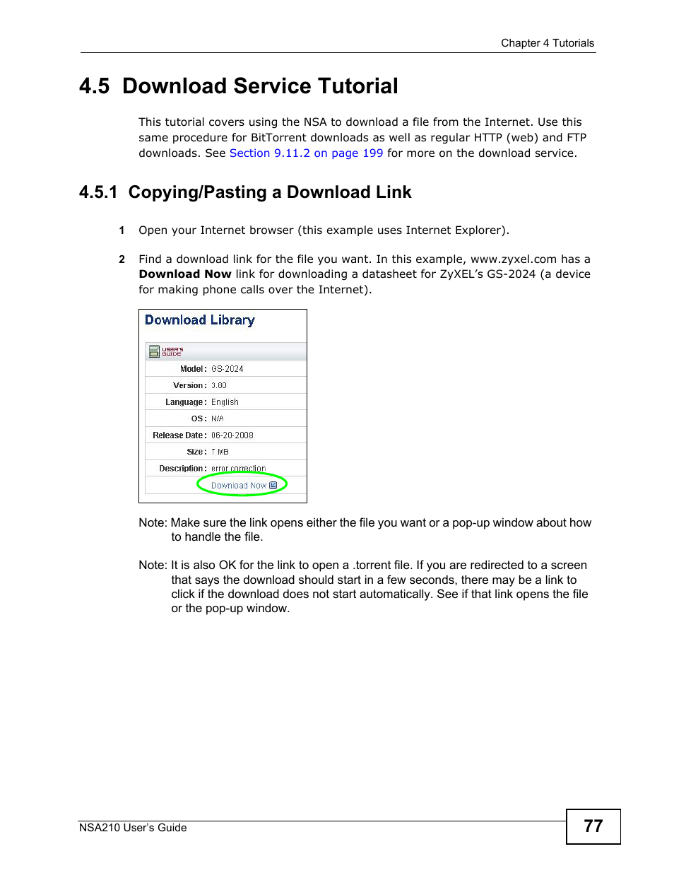 5 download service tutorial, 1 copying/pasting a download link, Download service tutorial | ZyXEL Communications NSA210 User Manual | Page 77 / 482