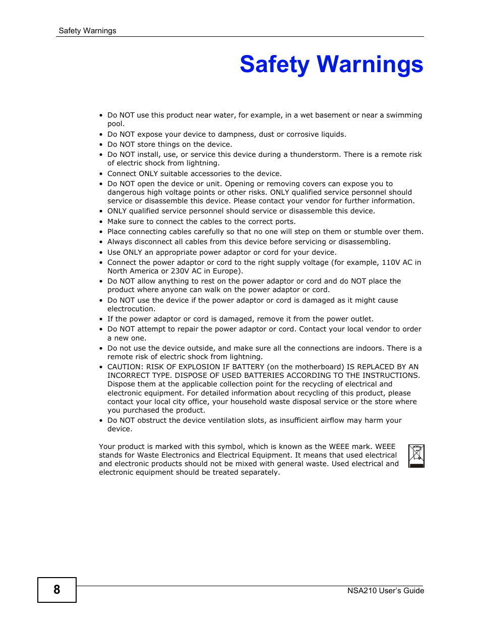 Safety warnings | ZyXEL Communications NSA210 User Manual | Page 8 / 482