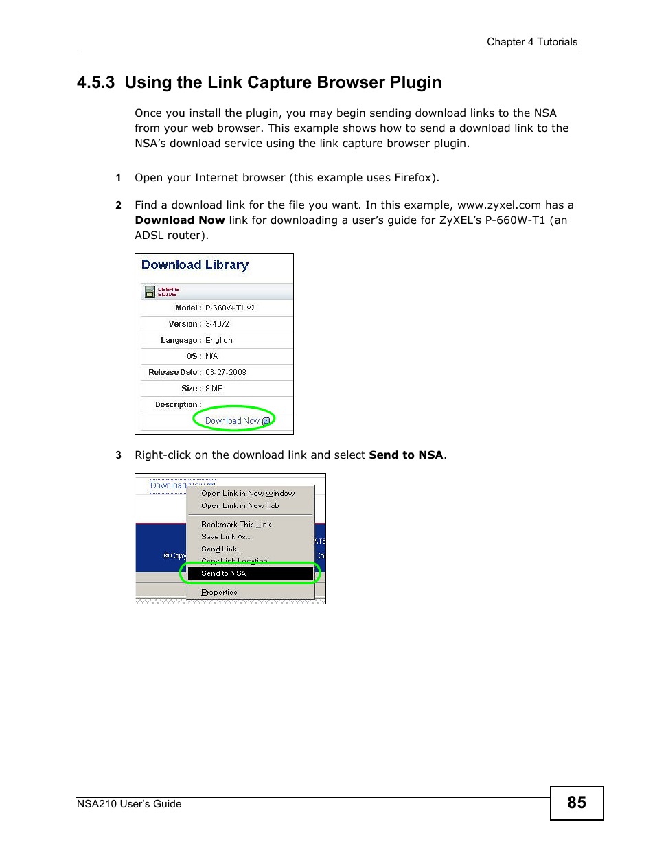 3 using the link capture browser plugin | ZyXEL Communications NSA210 User Manual | Page 85 / 482