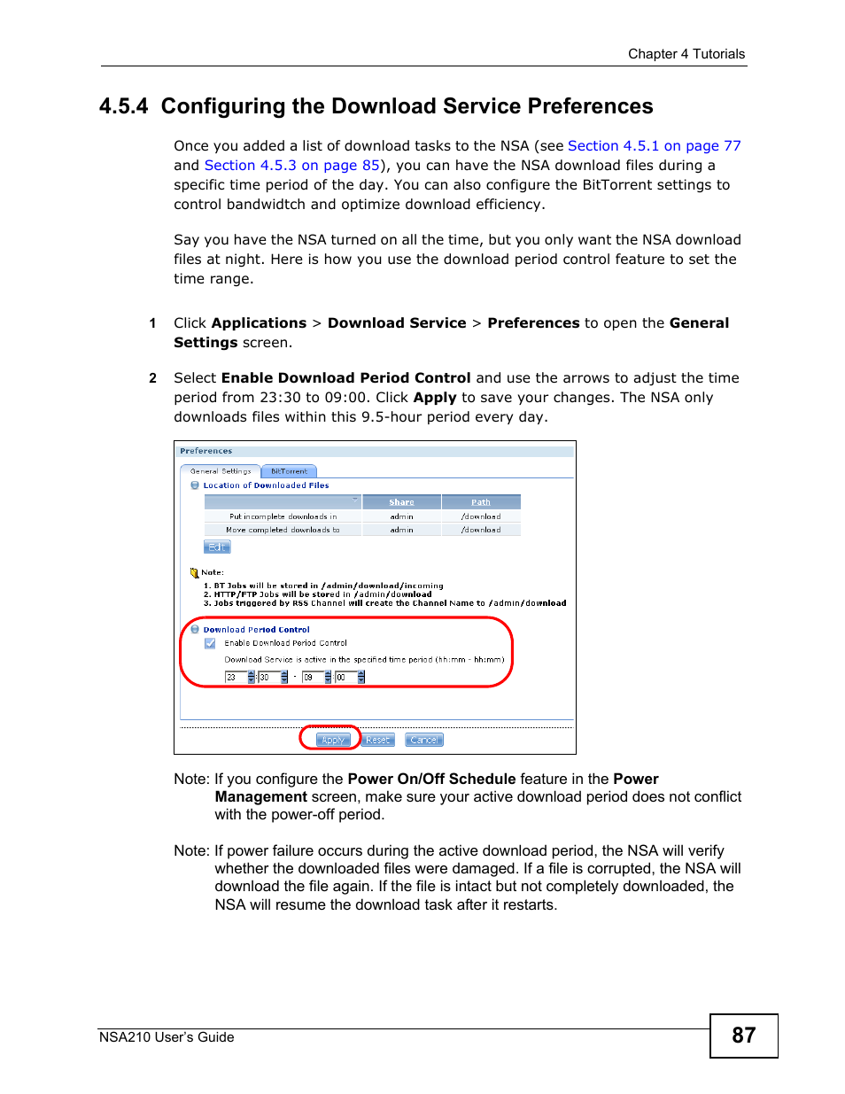 4 configuring the download service preferences | ZyXEL Communications NSA210 User Manual | Page 87 / 482