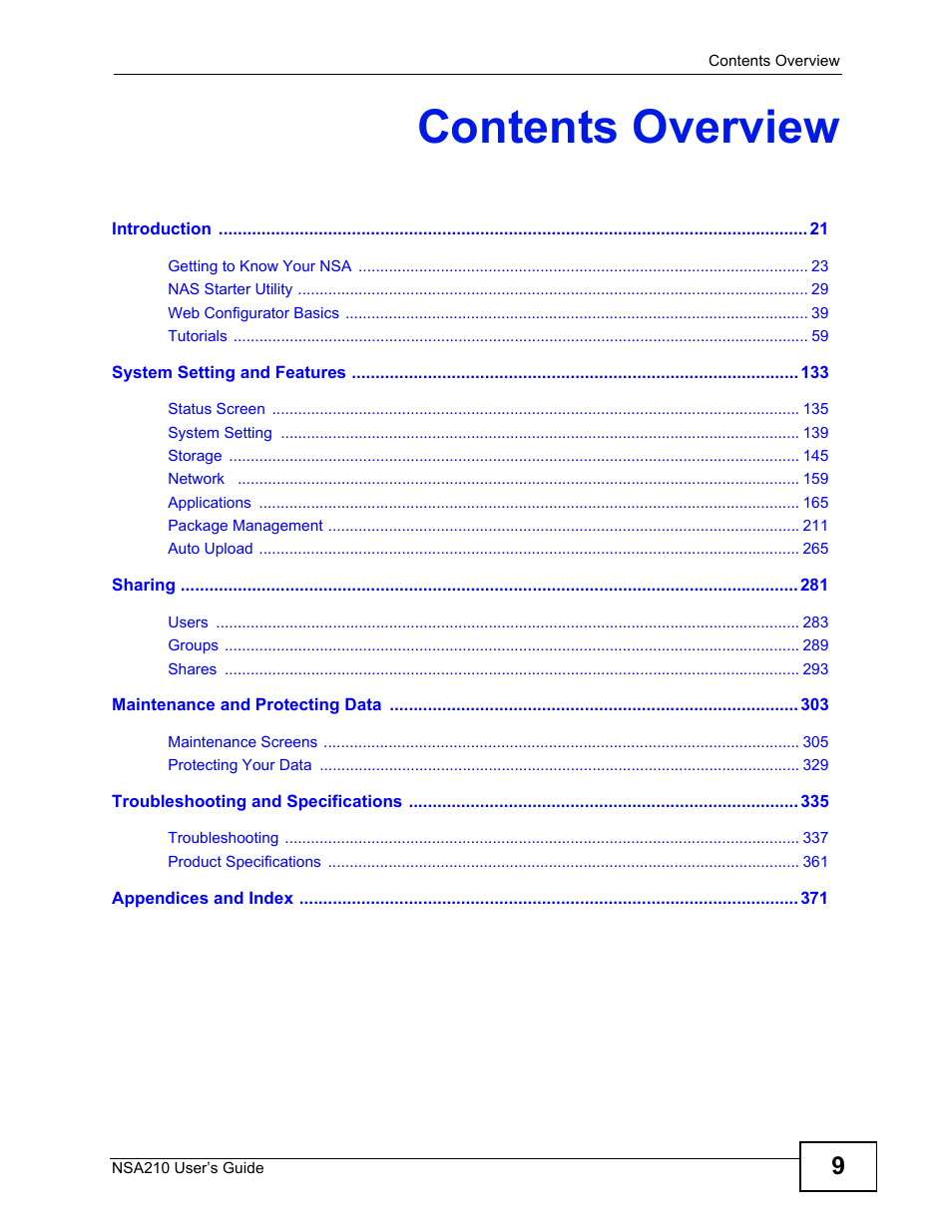 Contents overview | ZyXEL Communications NSA210 User Manual | Page 9 / 482