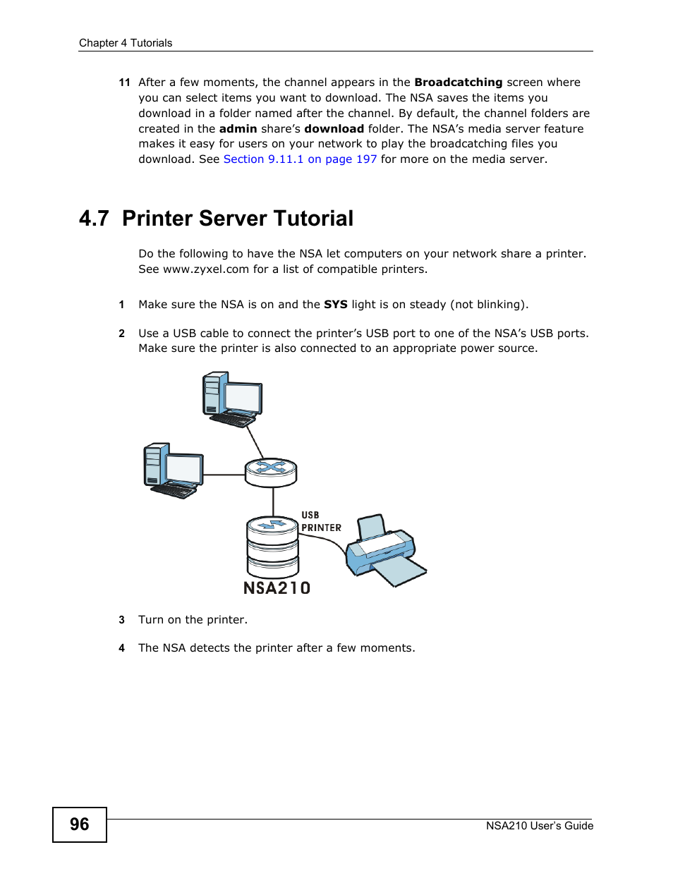 7 printer server tutorial | ZyXEL Communications NSA210 User Manual | Page 96 / 482