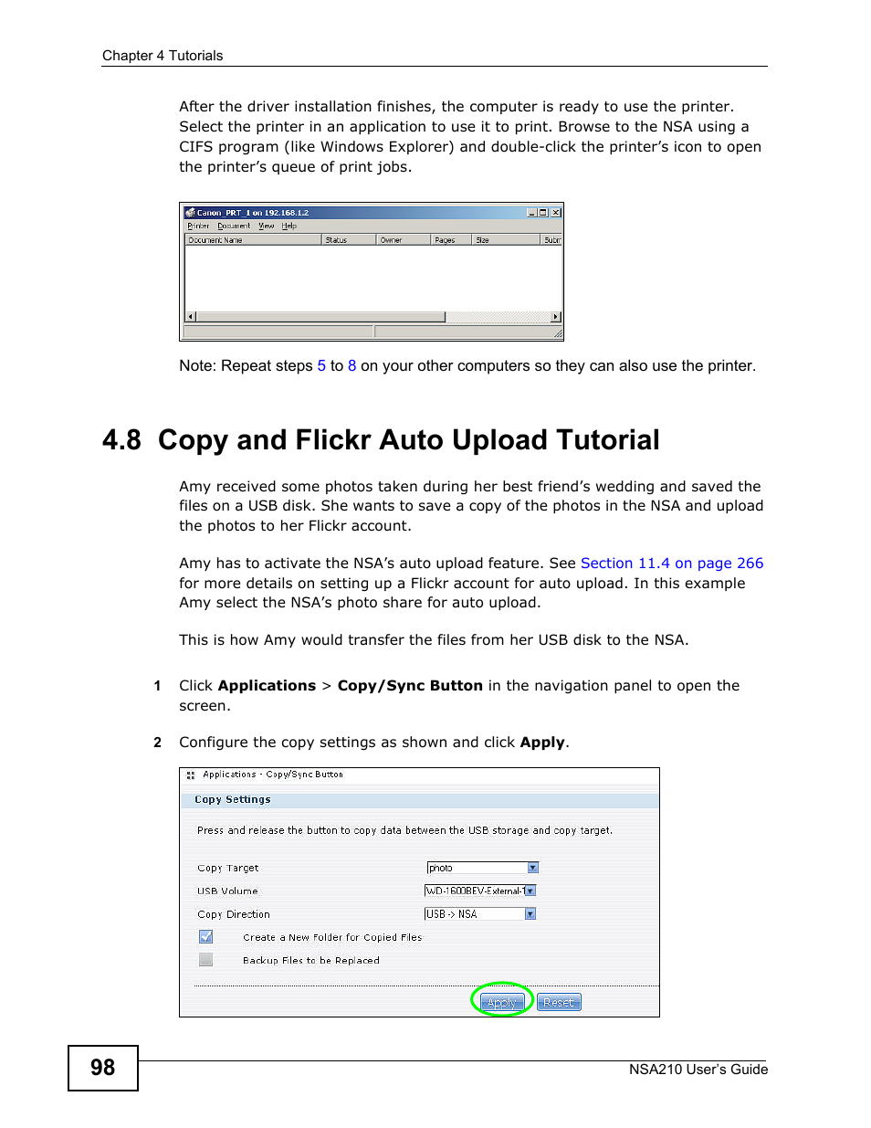 8 copy and flickr auto upload tutorial, Copy and flickr auto upload tutorial | ZyXEL Communications NSA210 User Manual | Page 98 / 482