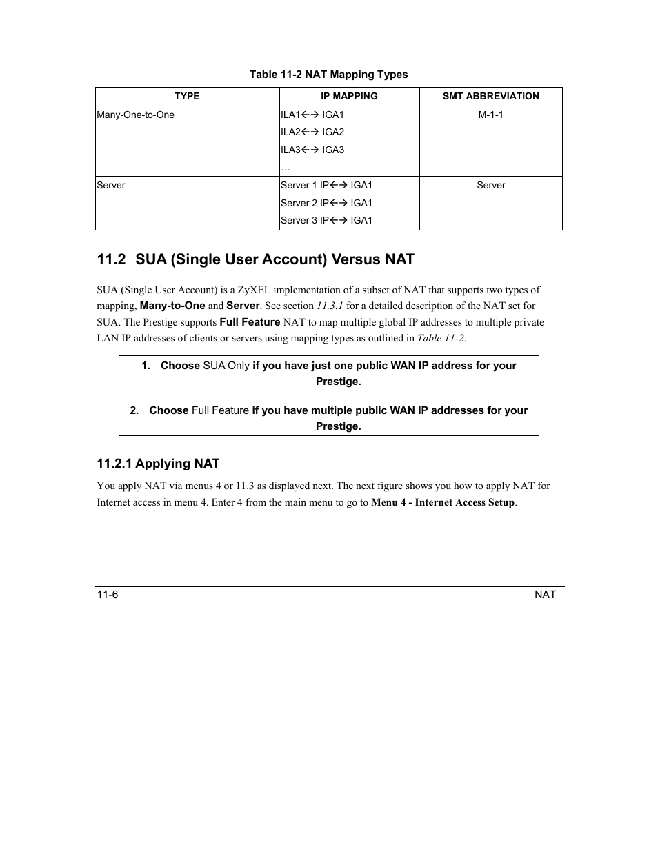Sua (single user account) versus nat, 2 sua (single user account) versus nat | ZyXEL Communications Intelligent Broadband Sharing Gateway P-324 User Manual | Page 121 / 285