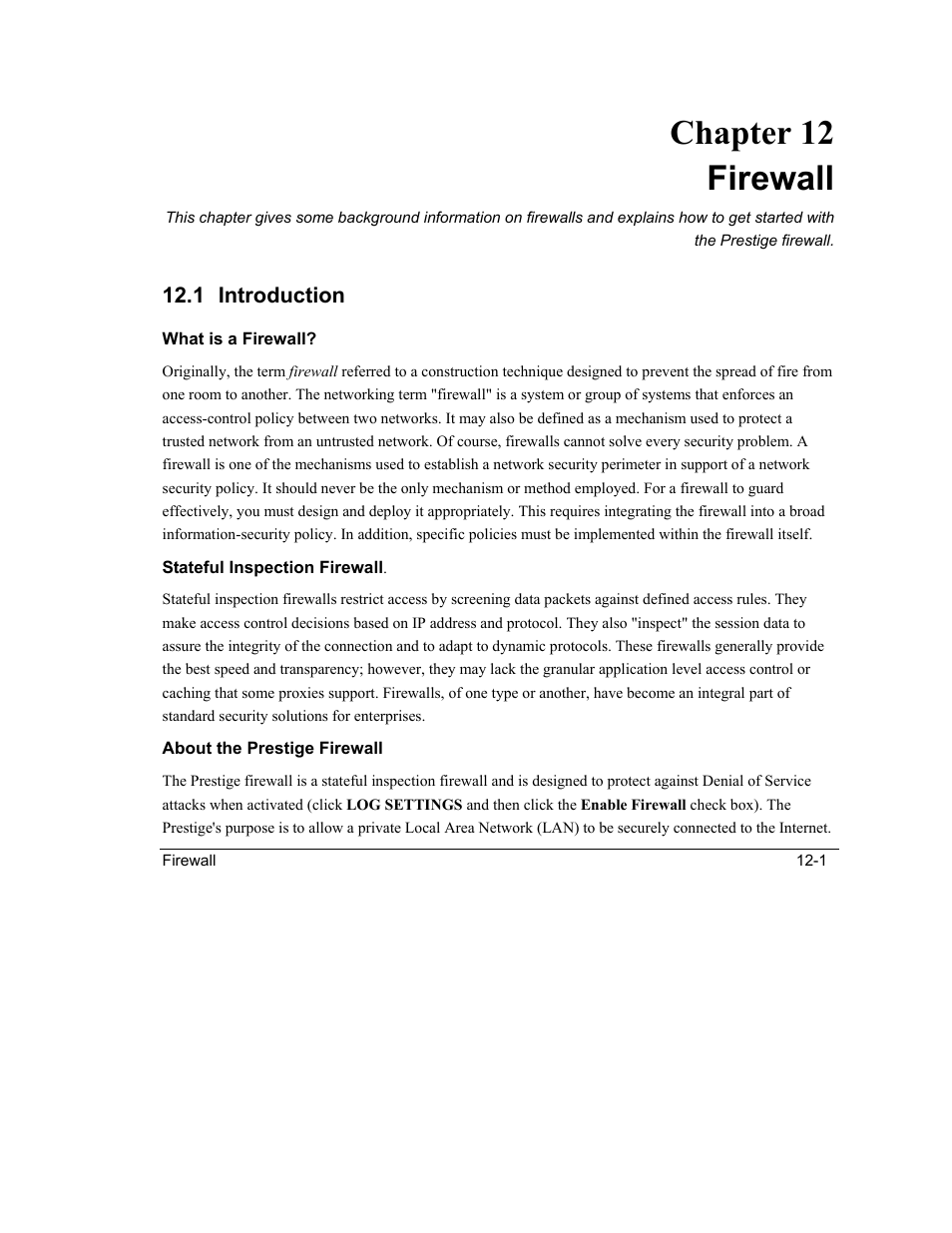 Firewall, Introduction, Chapter 12 firewall | ZyXEL Communications Intelligent Broadband Sharing Gateway P-324 User Manual | Page 147 / 285