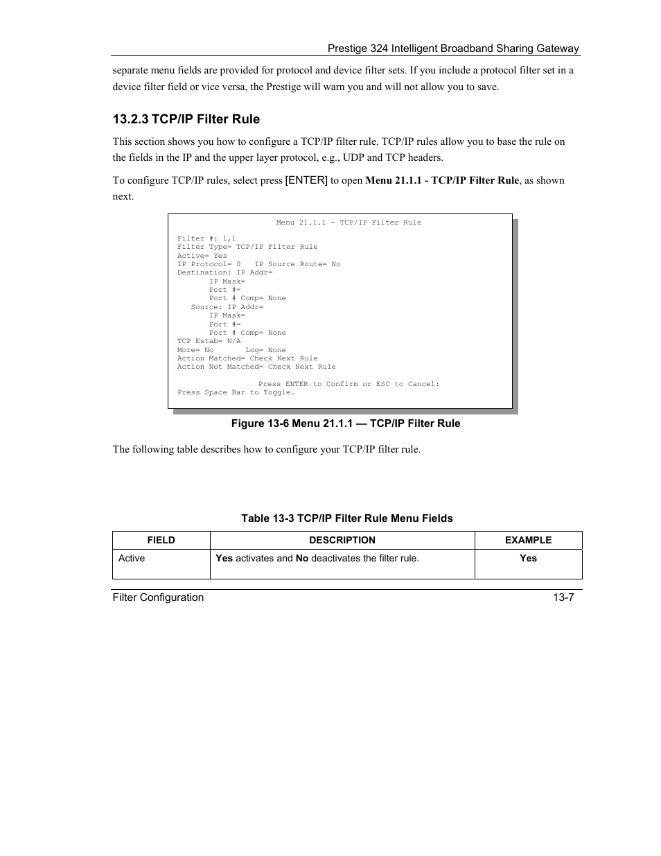 3 tcp/ip filter rule | ZyXEL Communications Intelligent Broadband Sharing Gateway P-324 User Manual | Page 165 / 285
