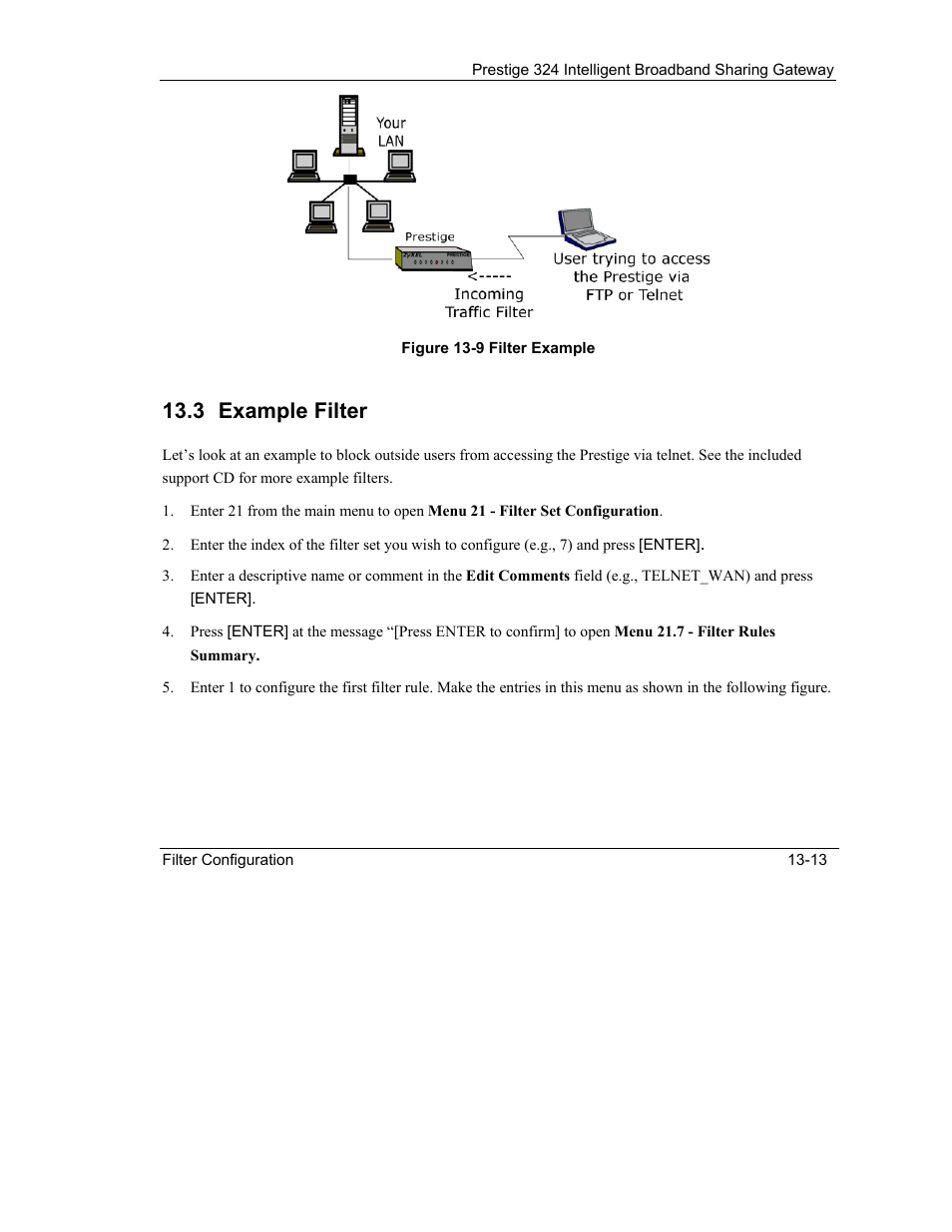 Example filter, 3 example filter | ZyXEL Communications Intelligent Broadband Sharing Gateway P-324 User Manual | Page 171 / 285
