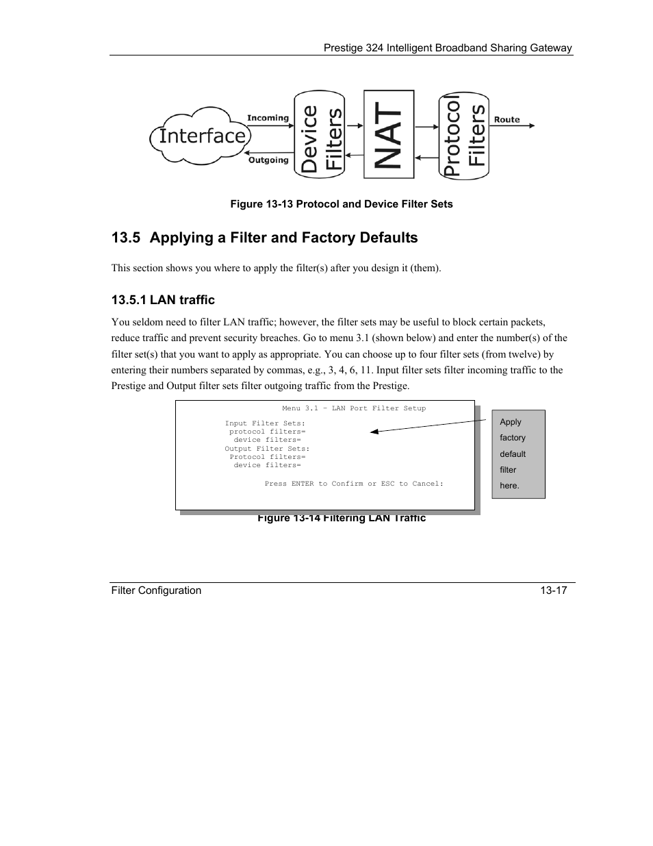 Applying a filter and factory defaults, 5 applying a filter and factory defaults, 1 lan traffic | ZyXEL Communications Intelligent Broadband Sharing Gateway P-324 User Manual | Page 175 / 285
