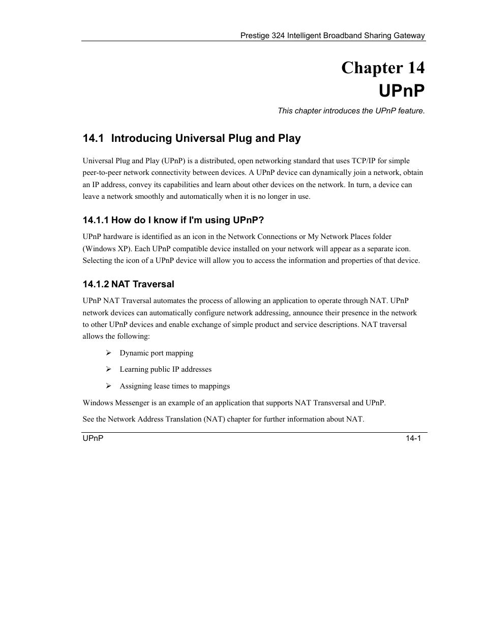 Upnp, Introducing universal plug and play, Chapter 14 upnp | ZyXEL Communications Intelligent Broadband Sharing Gateway P-324 User Manual | Page 177 / 285