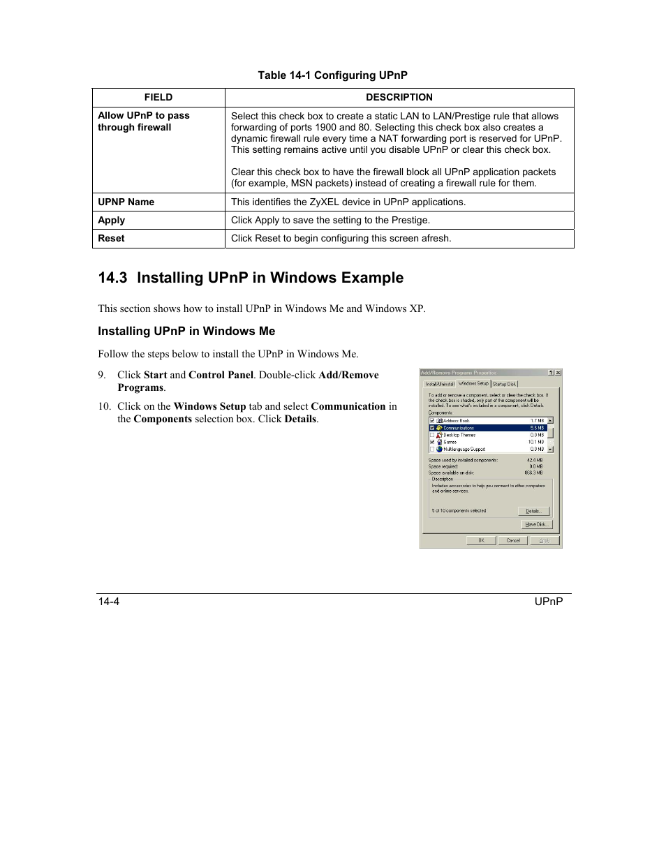 Installing upnp in windows example, 3 installing upnp in windows example | ZyXEL Communications Intelligent Broadband Sharing Gateway P-324 User Manual | Page 180 / 285