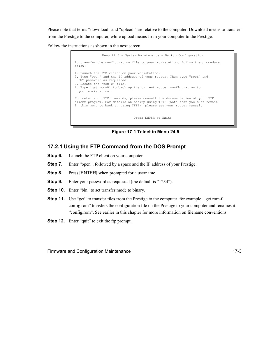 1 using the ftp command from the dos prompt | ZyXEL Communications Intelligent Broadband Sharing Gateway P-324 User Manual | Page 205 / 285