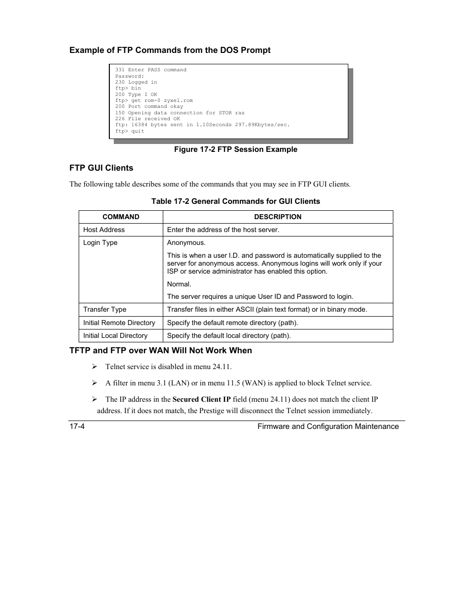Example of ftp commands from the dos prompt, Ftp gui clients, Tftp and ftp over wan will not work when | ZyXEL Communications Intelligent Broadband Sharing Gateway P-324 User Manual | Page 206 / 285
