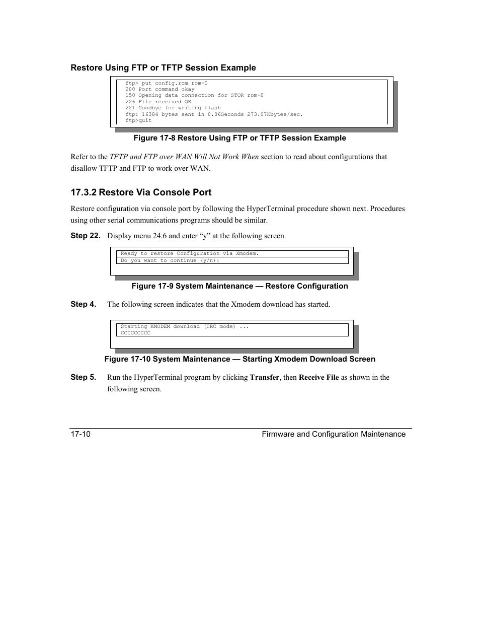 2 restore via console port, Restore using ftp or tftp session example | ZyXEL Communications Intelligent Broadband Sharing Gateway P-324 User Manual | Page 212 / 285