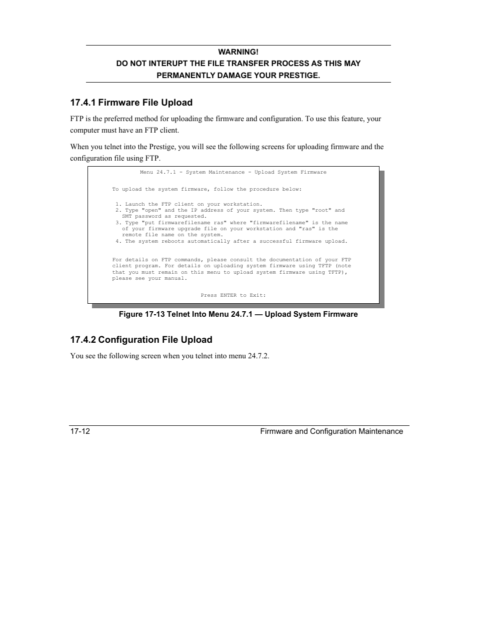1 firmware file upload, 2 configuration file upload | ZyXEL Communications Intelligent Broadband Sharing Gateway P-324 User Manual | Page 214 / 285