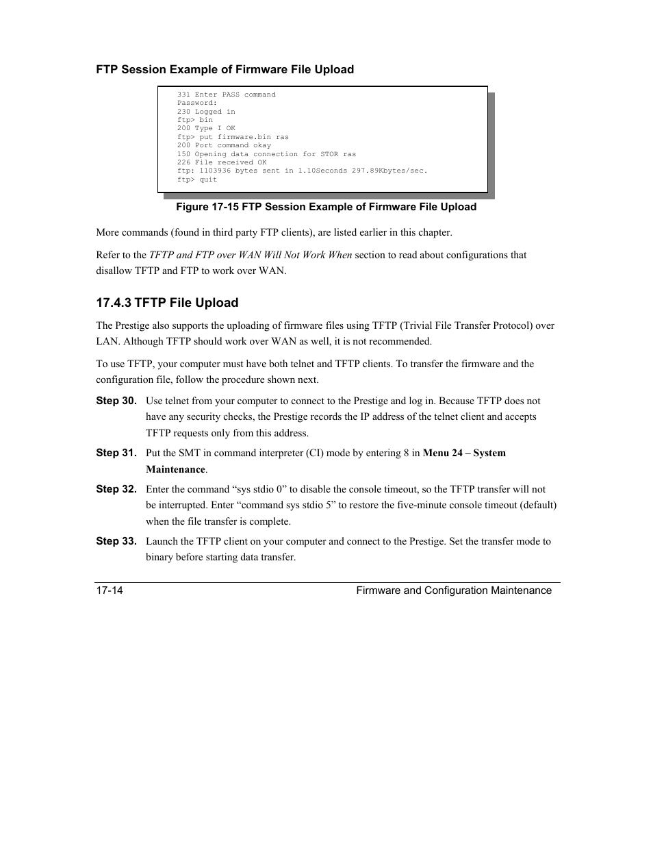 3 tftp file upload, Ftp session example of firmware file upload | ZyXEL Communications Intelligent Broadband Sharing Gateway P-324 User Manual | Page 216 / 285