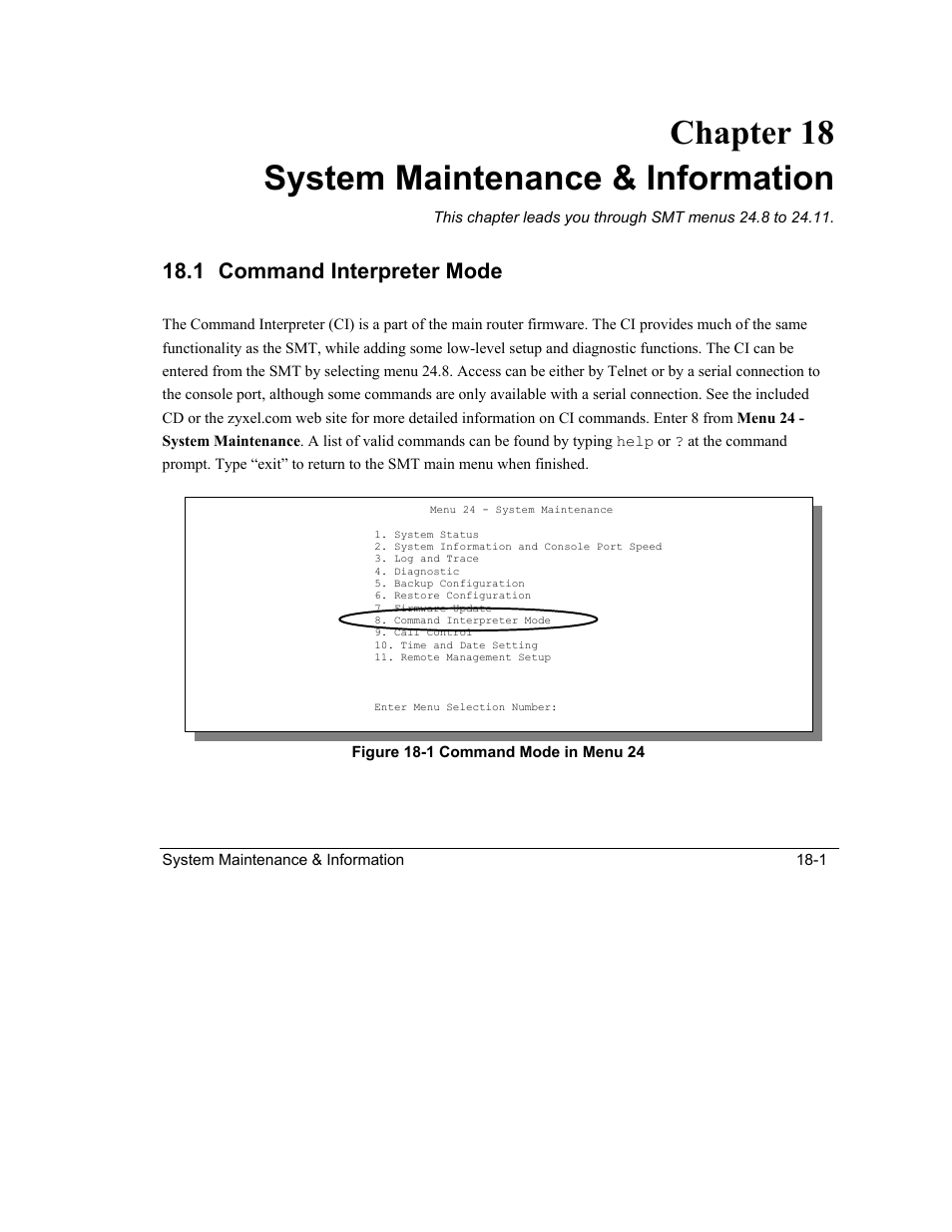 System maintenance & information, Command interpreter mode, Chapter 18 system maintenance & information | 1 command interpreter mode | ZyXEL Communications Intelligent Broadband Sharing Gateway P-324 User Manual | Page 221 / 285