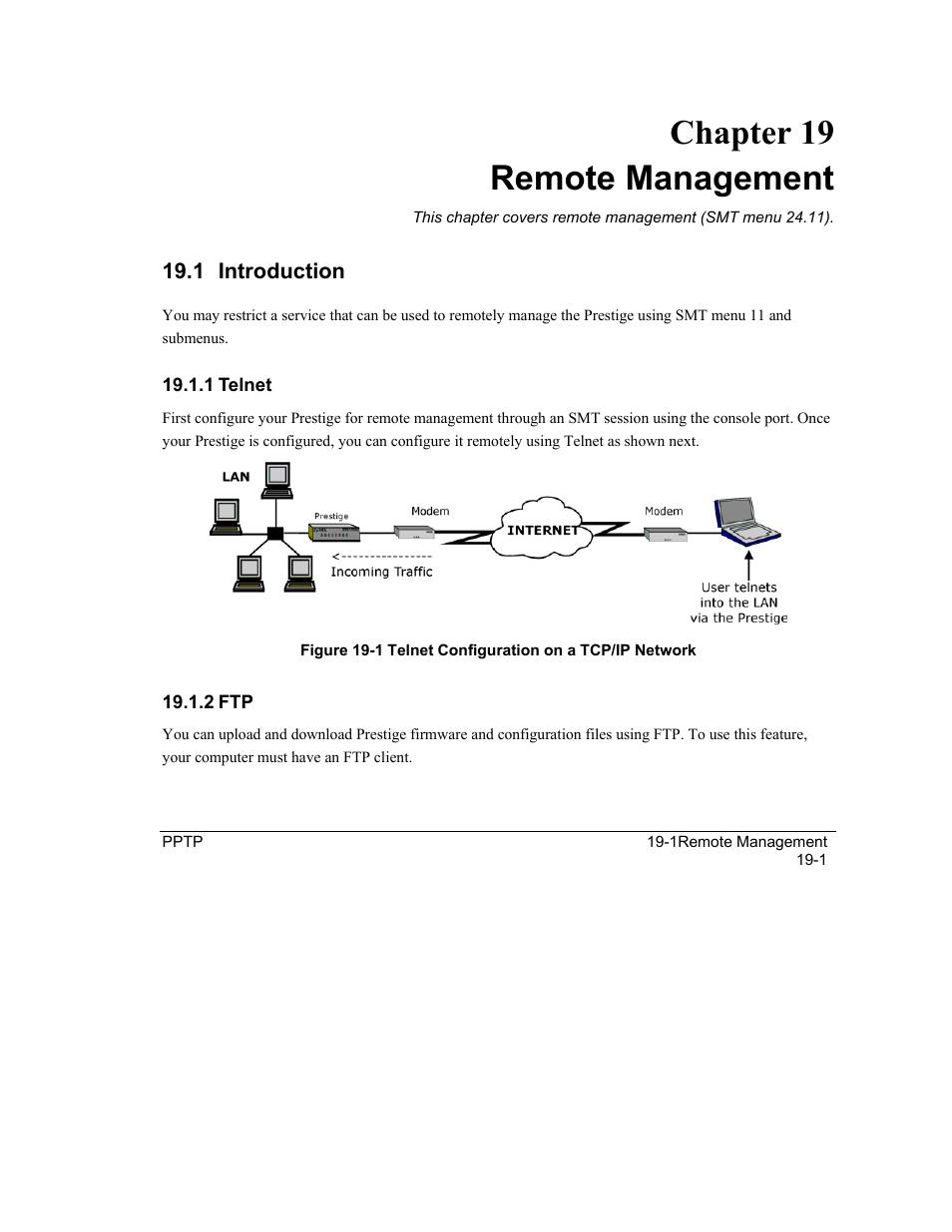 Remote management, Introduction, Chapter 19 remote management | ZyXEL Communications Intelligent Broadband Sharing Gateway P-324 User Manual | Page 229 / 285