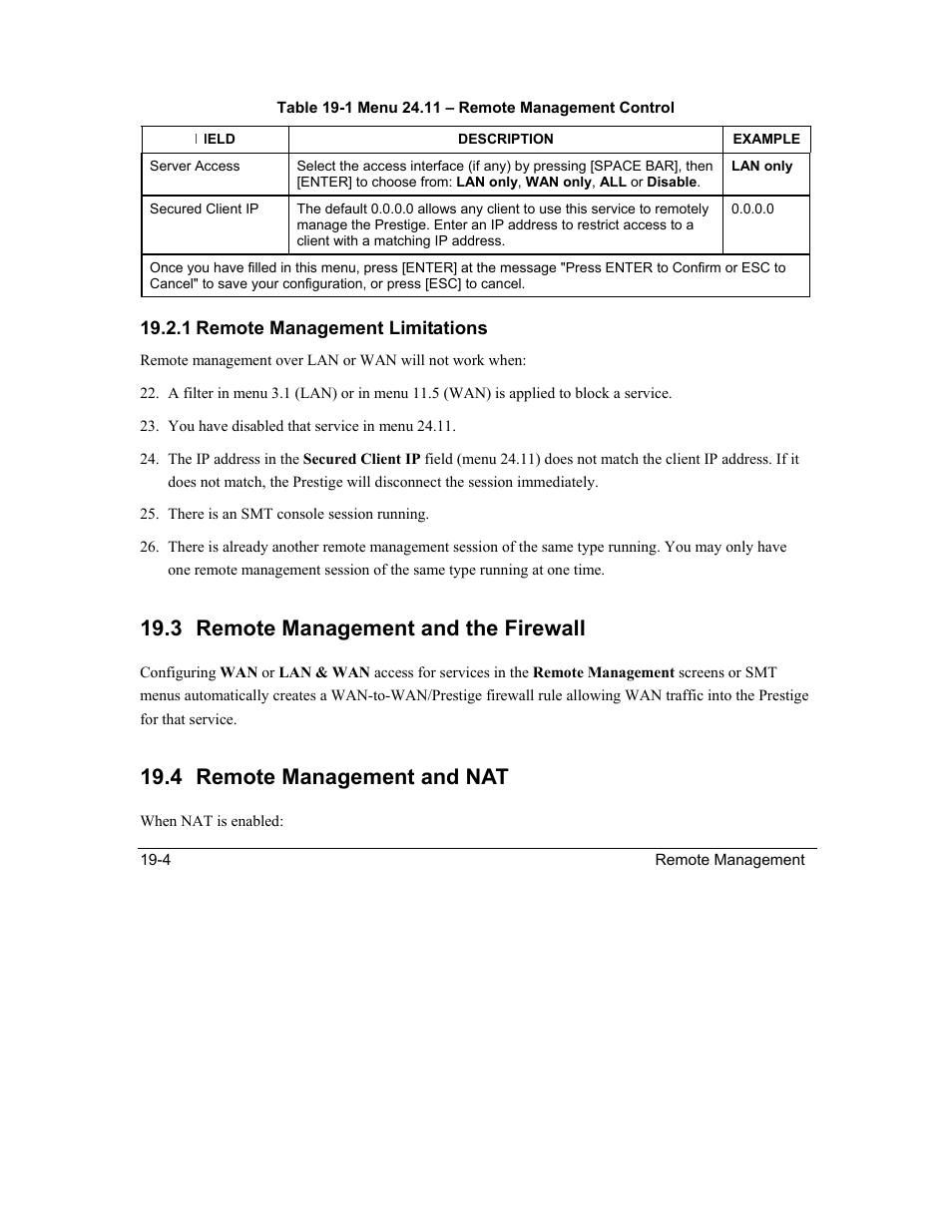 Remote management and the firewall, Remote management and nat, 3 remote management and the firewall | 4 remote management and nat | ZyXEL Communications Intelligent Broadband Sharing Gateway P-324 User Manual | Page 232 / 285