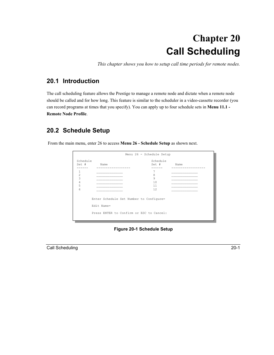 Call scheduling, Introduction, Schedule setup | Chapter 20 call scheduling, 1 introduction, 2 schedule setup | ZyXEL Communications Intelligent Broadband Sharing Gateway P-324 User Manual | Page 235 / 285