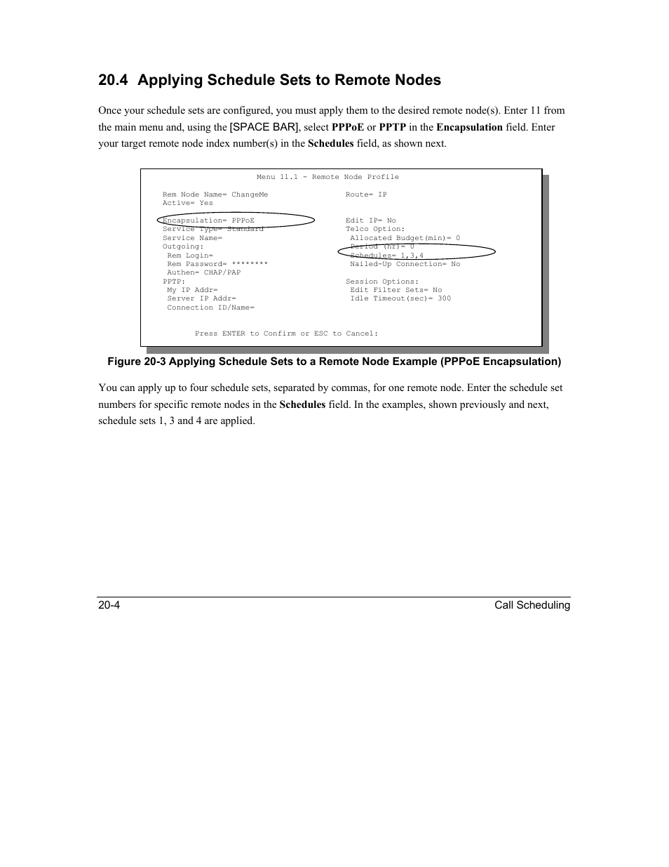 Applying schedule sets to remote nodes, 4 applying schedule sets to remote nodes, 4 call scheduling | ZyXEL Communications Intelligent Broadband Sharing Gateway P-324 User Manual | Page 238 / 285