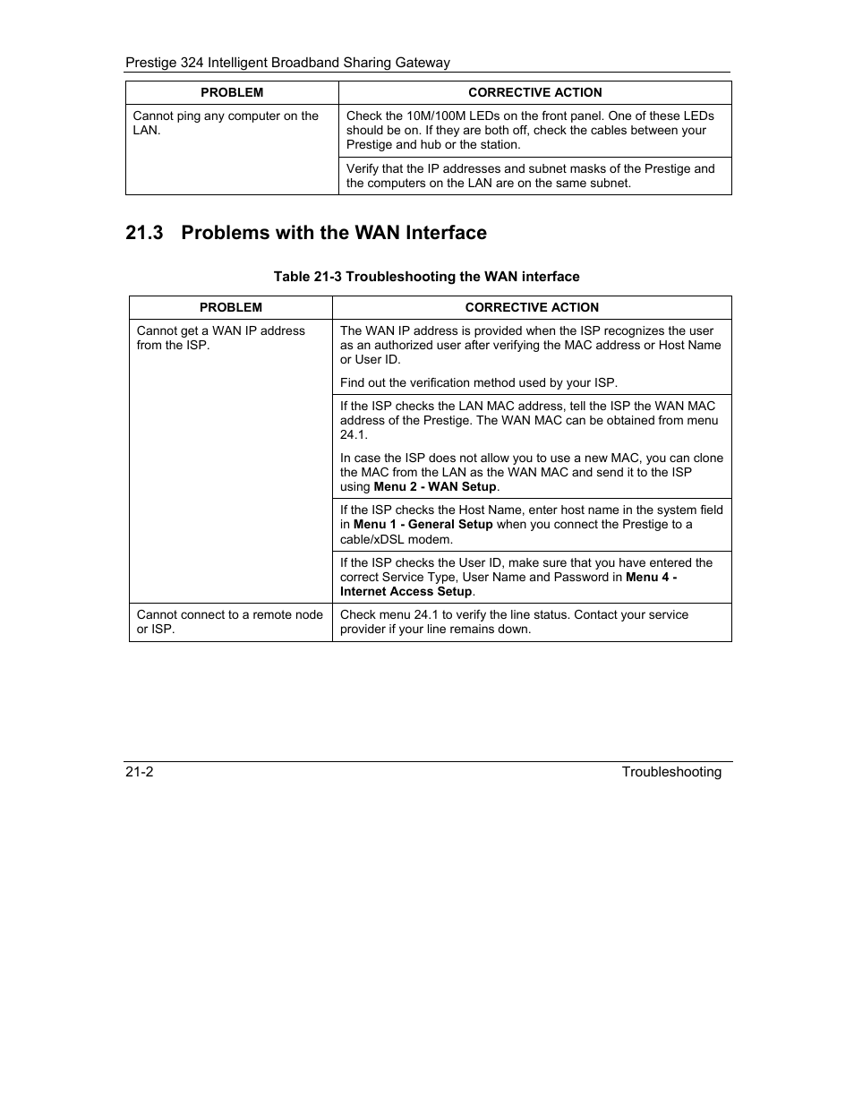 Problems with the wan interface, 3 problems with the wan interface | ZyXEL Communications Intelligent Broadband Sharing Gateway P-324 User Manual | Page 242 / 285