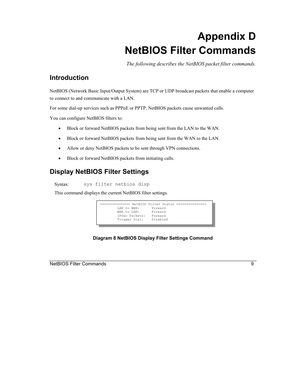 Appendix d netbios filter commands, Introduction, Display netbios filter settings | ZyXEL Communications Intelligent Broadband Sharing Gateway P-324 User Manual | Page 253 / 285