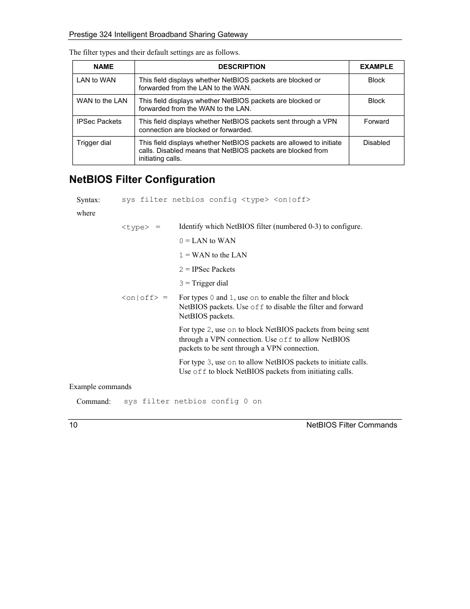 Netbios filter configuration | ZyXEL Communications Intelligent Broadband Sharing Gateway P-324 User Manual | Page 254 / 285