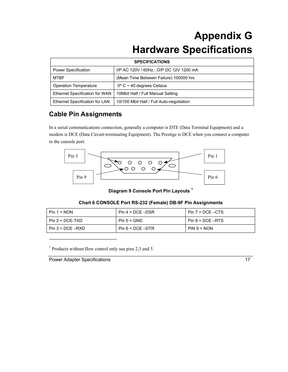 Appendix g hardware specifications, Cable pin assignments | ZyXEL Communications Intelligent Broadband Sharing Gateway P-324 User Manual | Page 261 / 285
