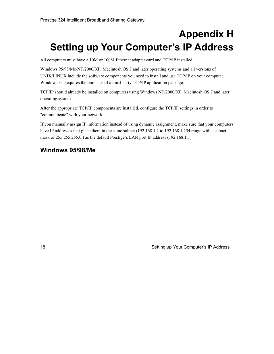 Appendix h setting up your computer’s ip address | ZyXEL Communications Intelligent Broadband Sharing Gateway P-324 User Manual | Page 262 / 285