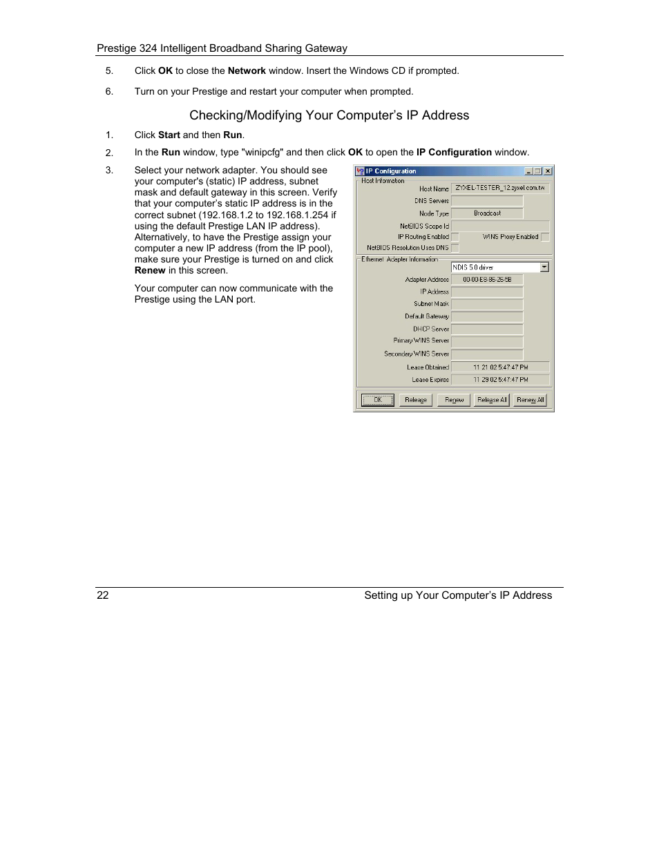 Checking/modifying your computer’s ip address | ZyXEL Communications Intelligent Broadband Sharing Gateway P-324 User Manual | Page 266 / 285