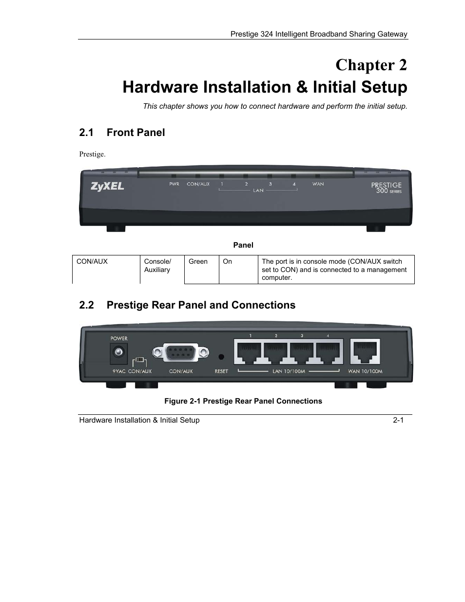 Hardware installation & initial setup, Front panel, Prestige rear panel and connections | Chapter 2 hardware installation & initial setup | ZyXEL Communications Intelligent Broadband Sharing Gateway P-324 User Manual | Page 34 / 285