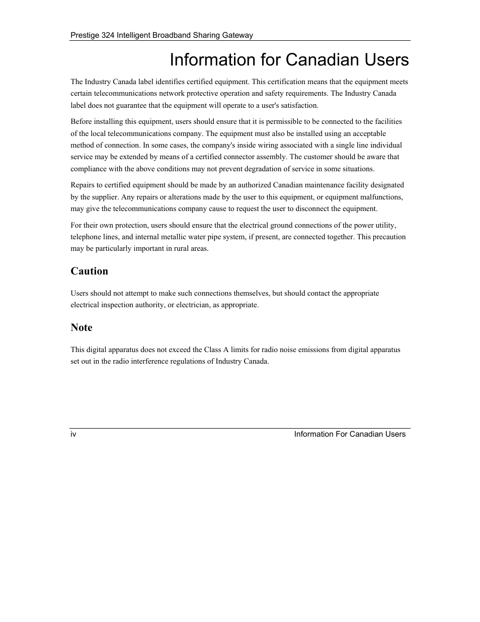 Information for canadian users, Caution | ZyXEL Communications Intelligent Broadband Sharing Gateway P-324 User Manual | Page 4 / 285