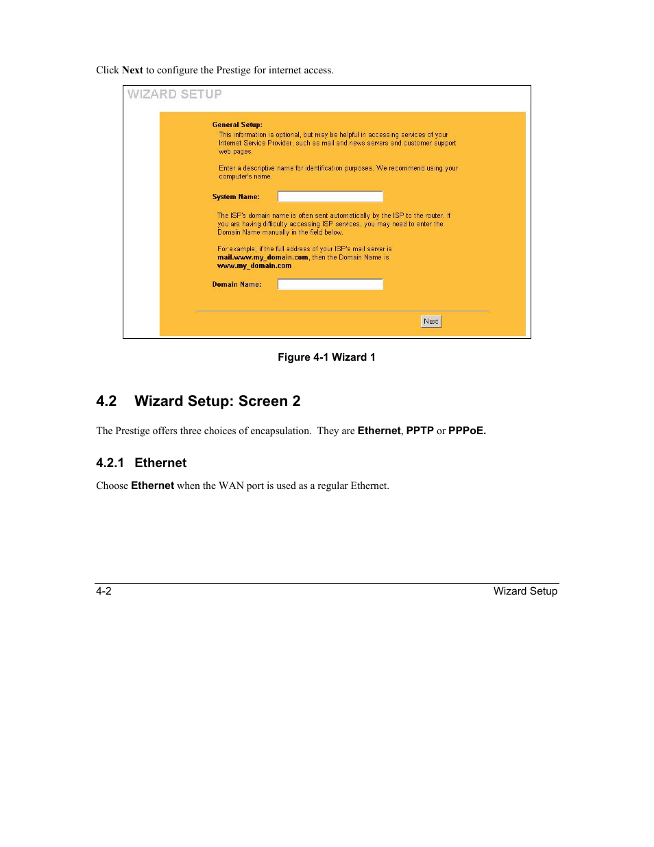 Wizard setup: screen 2, 2 wizard setup: screen 2 | ZyXEL Communications Intelligent Broadband Sharing Gateway P-324 User Manual | Page 45 / 285