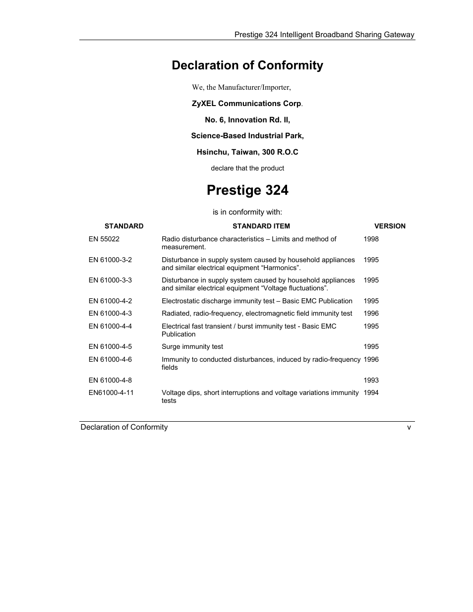 Prestige 324, Declaration of conformity | ZyXEL Communications Intelligent Broadband Sharing Gateway P-324 User Manual | Page 5 / 285