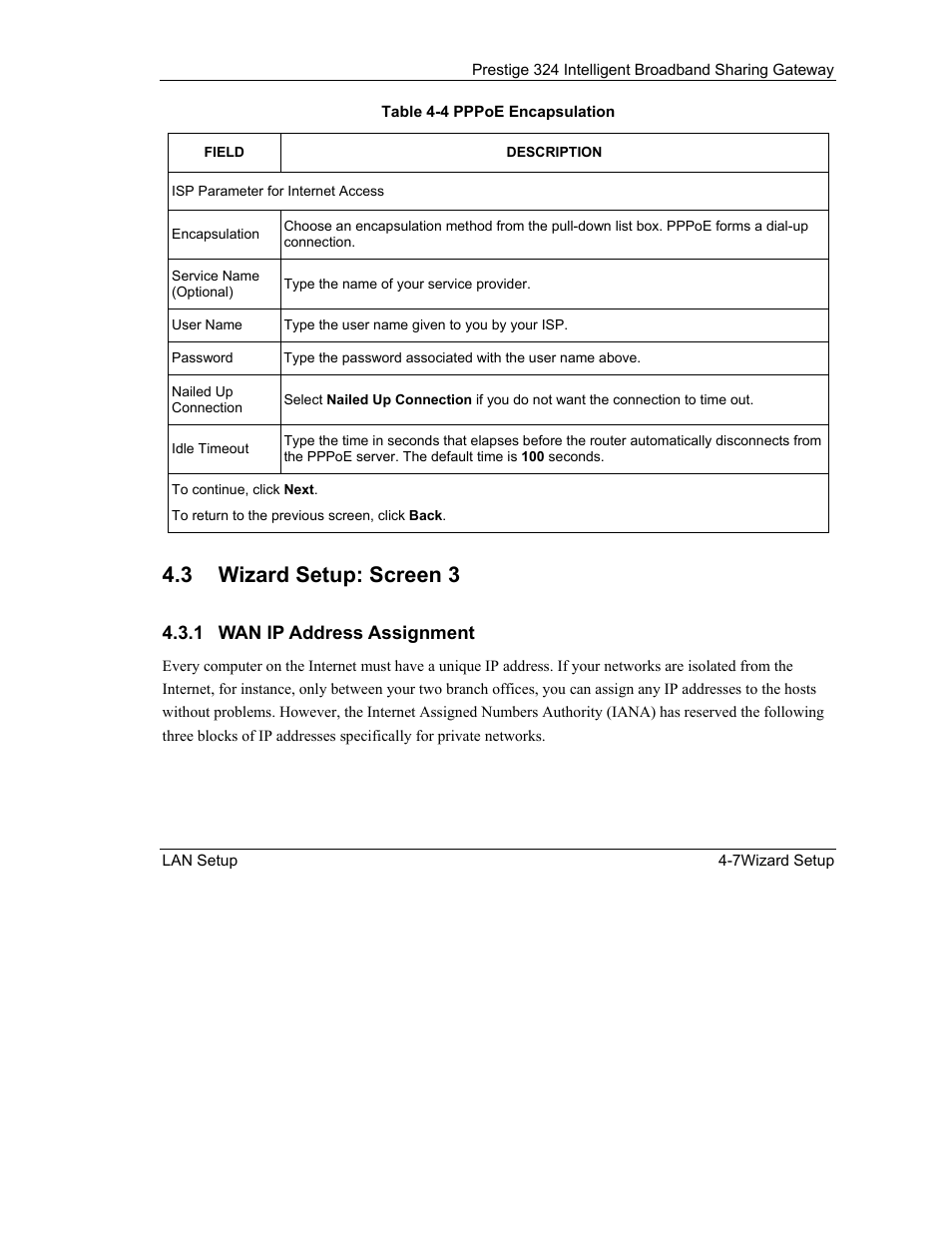 Wizard setup: screen 3, 3 wizard setup: screen 3 | ZyXEL Communications Intelligent Broadband Sharing Gateway P-324 User Manual | Page 50 / 285
