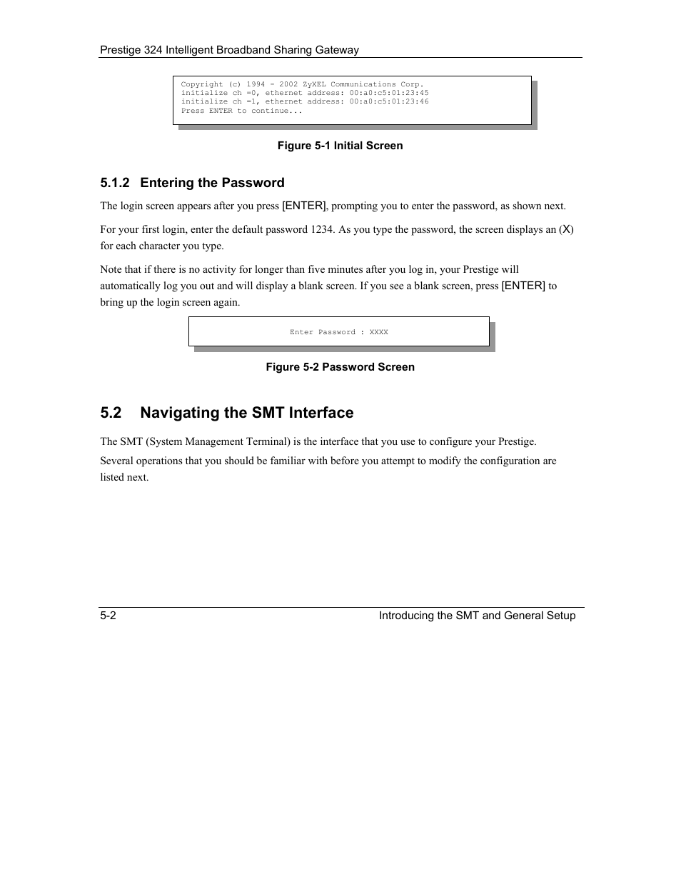 Navigating the smt interface, 2 navigating the smt interface, 2 entering the password | ZyXEL Communications Intelligent Broadband Sharing Gateway P-324 User Manual | Page 57 / 285