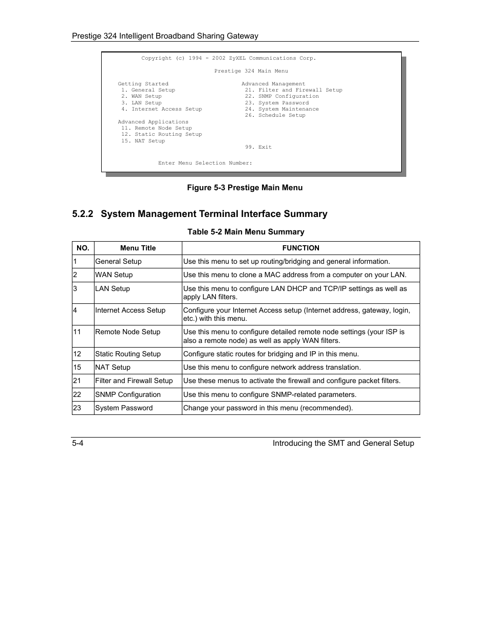 2 system management terminal interface summary | ZyXEL Communications Intelligent Broadband Sharing Gateway P-324 User Manual | Page 59 / 285