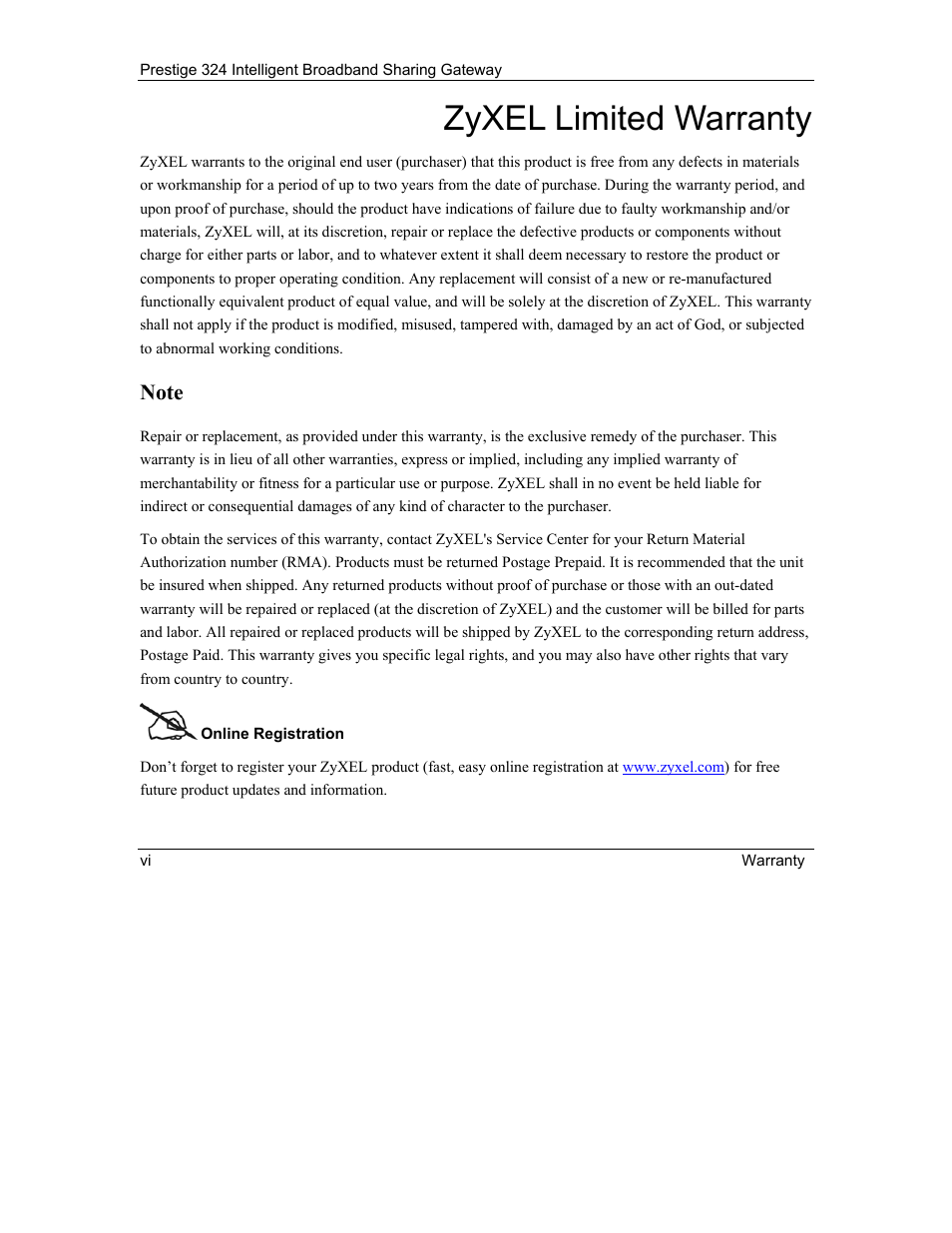 Zyxel limited warranty | ZyXEL Communications Intelligent Broadband Sharing Gateway P-324 User Manual | Page 6 / 285
