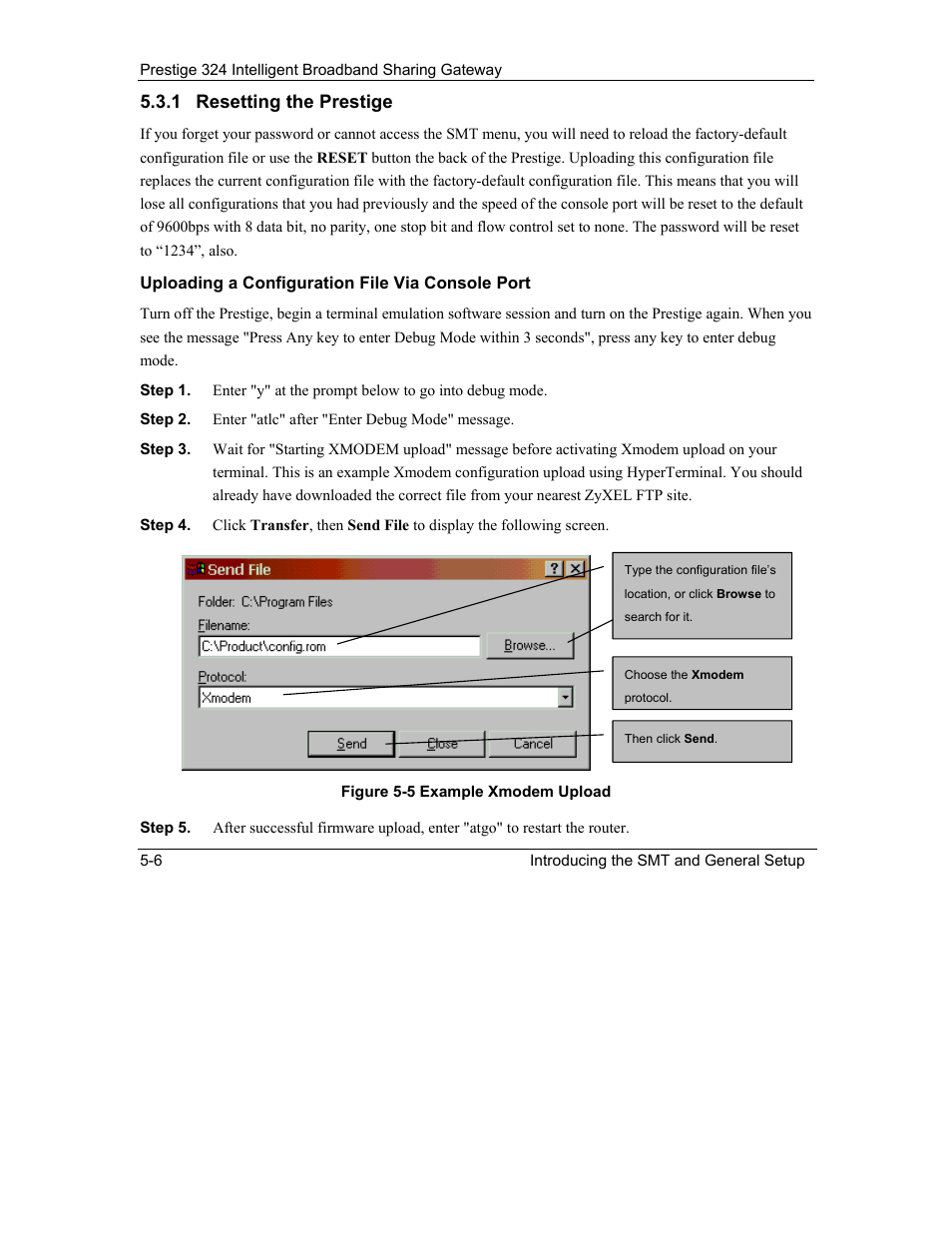 1 resetting the prestige | ZyXEL Communications Intelligent Broadband Sharing Gateway P-324 User Manual | Page 61 / 285